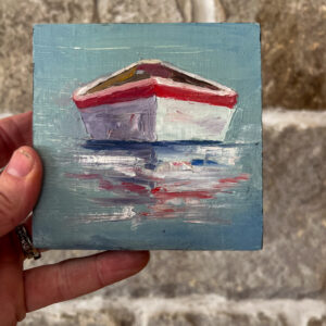 Red and White Rowboat Wooden Block Painting